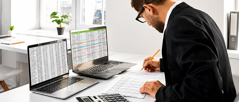 A man gathering and reviewing documents at a desk